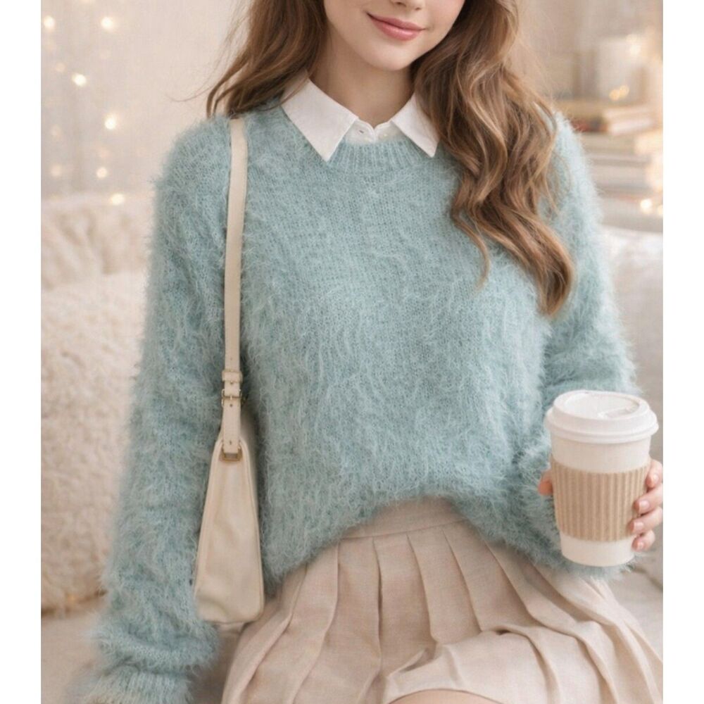 If It Were Me soft blue furry preppy clean girl feminine sweater size medium